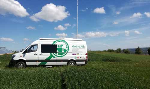 The GasLab (a white Mercedes Sprinter) mobile laboratory parked in a green field.