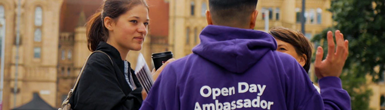 Screenshot from virtual open day showing ambassador talking to visitors