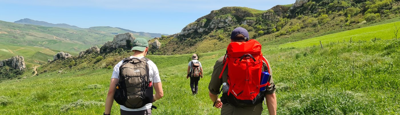 Group of students descending a hill on a field trip abroad